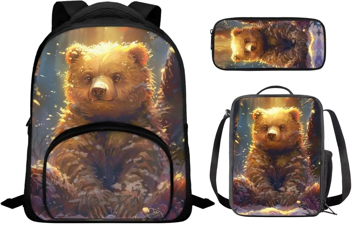 Bear Print Kids Backpack Set for Boys 6-8 Backpack for School 12 Inch Lightweight Rucksack with Foldable Portable Lunch Box Mini Pencil Case for Middle School