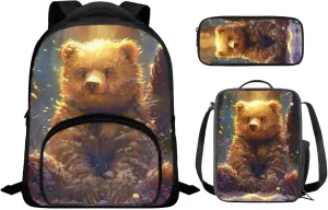 Bear Print Kids Backpack Set for Boys 6-8 Backpack for School 12 Inch Lightweight Rucksack with Foldable Portable Lunch Box Mini Pencil Case for Middle School