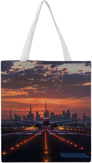 Beautiful Airport Night Landscape Airplane Canvas Tote Bags Portable Shopping Grocery Bag Shoulder Handbag with Handles