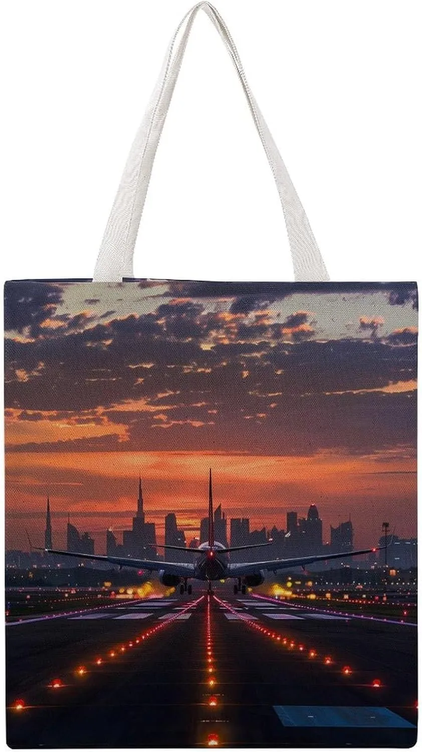 Beautiful Airport Night Landscape Airplane Canvas Tote Bags Portable Shopping Grocery Bag Shoulder Handbag with Handles