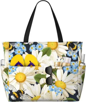 Bees Collecting Nectar Large Beach Tote Bag for Women Extra Large Capacity Waterproof Sandproof Pool Bag Suitable for Swimming Pool Gym Travel