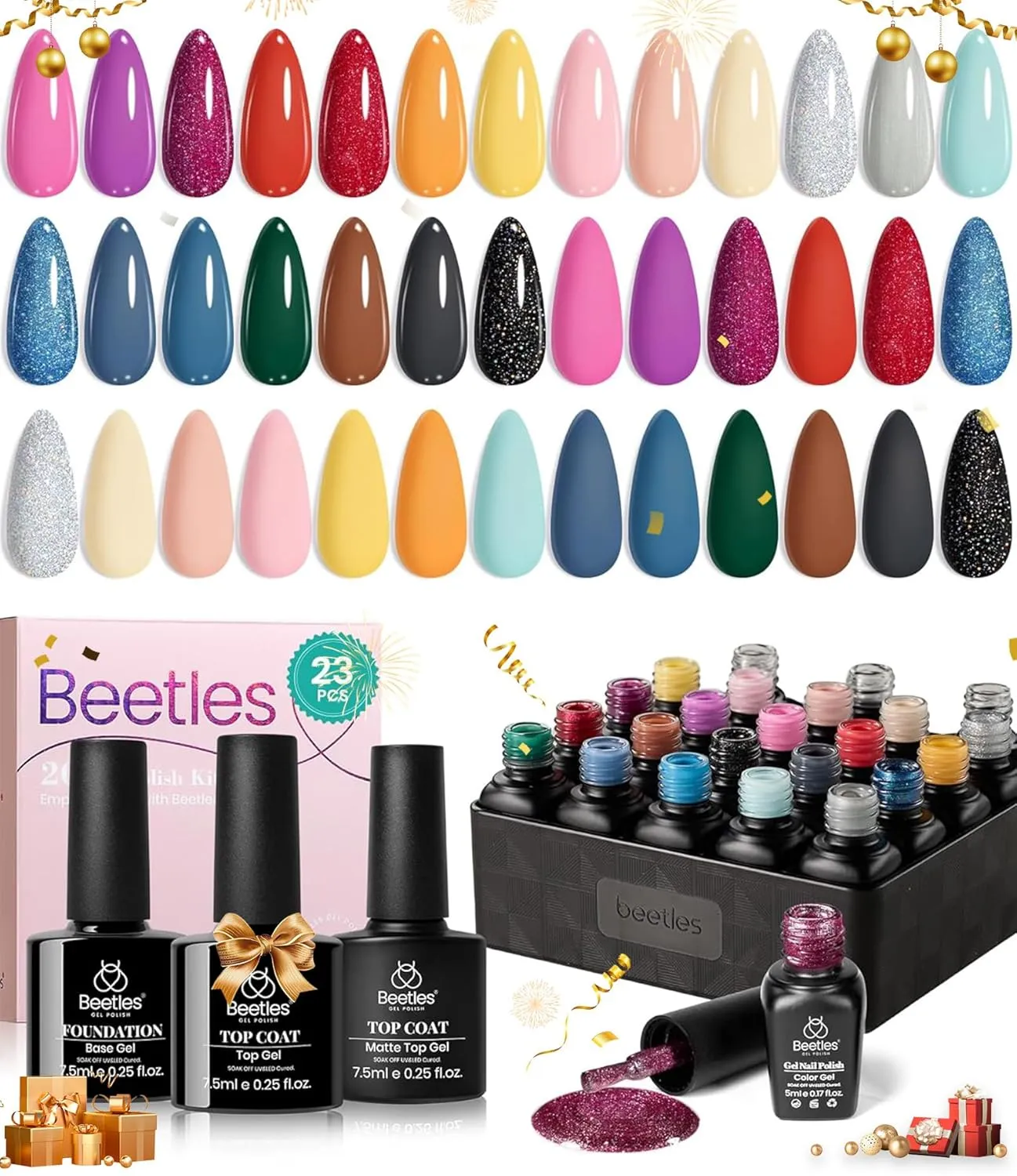 Beetles Gel Nail Polish Set 20 Colors Pink Red Sparkle Glitter Black Gel Polish with 3Pcs Base Top Coat Soak off Uv Spring Nail Polish Manicure Kit Gifts for Women Girls