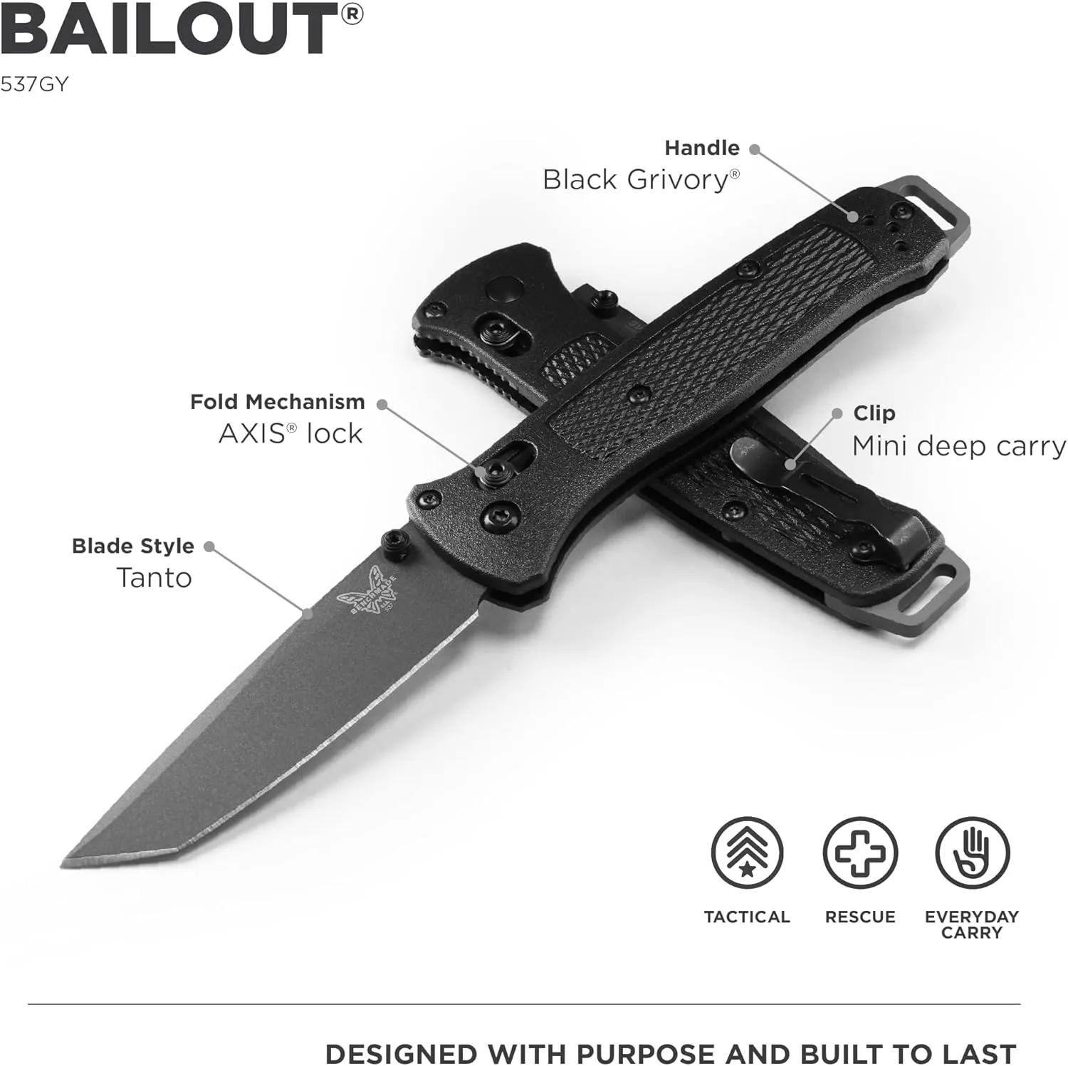 Benchmade - Bailout 537GY EDC Knife with Black Grivory Handle (537GY)