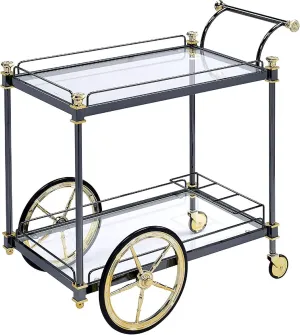 Benjara Metal Serving Cart with Tempered Glass Shelves, Black and Gold