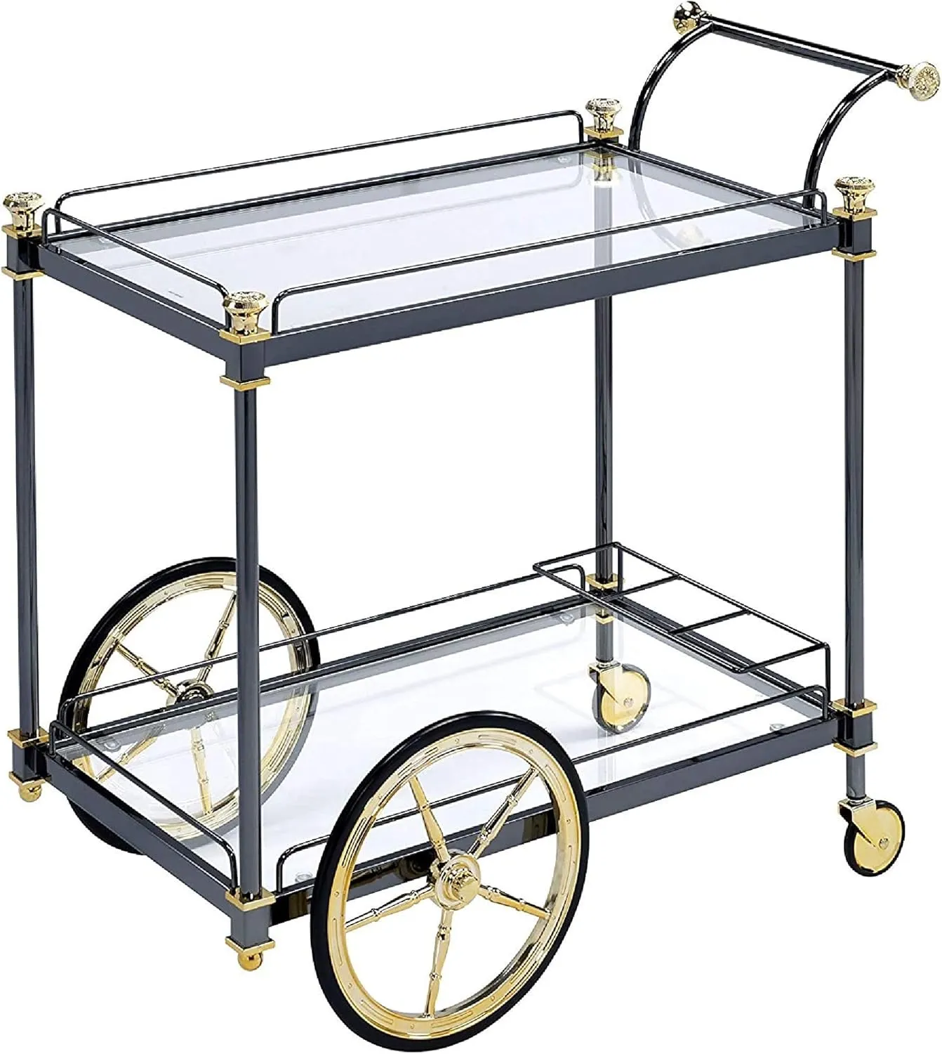 Benjara Metal Serving Cart with Tempered Glass Shelves, Black and Gold