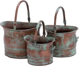 Benjara Tinged Metal Bucket Planter with Handles, Patina Rust Finish, Green, Set of 3