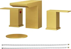 BESy Bathroom Faucet 3 Holes Two Handles Vanity Sink Faucet Widespread 8 Inch Bathroom Sink Faucet, Waterfall Bathroom Sink Faucet with Supply Hoses, with Pop Up Drain, Brushed Gold