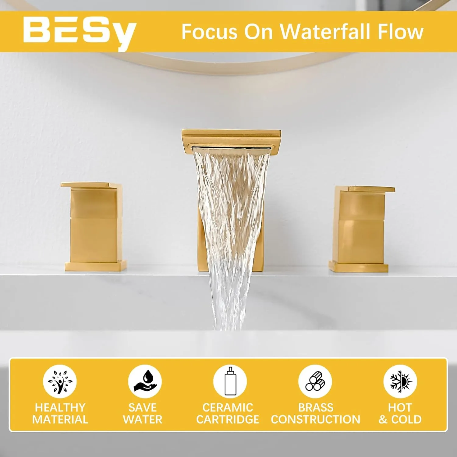 BESy Bathroom Faucet 3 Holes Two Handles Vanity Sink Faucet Widespread 8 Inch Bathroom Sink Faucet, Waterfall Bathroom Sink Faucet with Supply Hoses, with Pop Up Drain, Brushed Gold