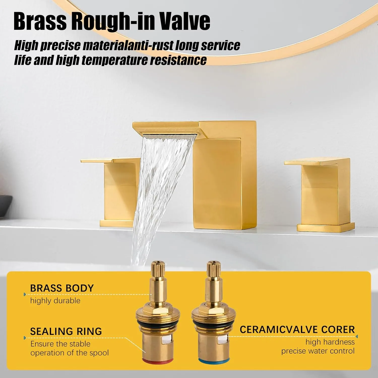 BESy Bathroom Faucet 3 Holes Two Handles Vanity Sink Faucet Widespread 8 Inch Bathroom Sink Faucet, Waterfall Bathroom Sink Faucet with Supply Hoses, with Pop Up Drain, Brushed Gold
