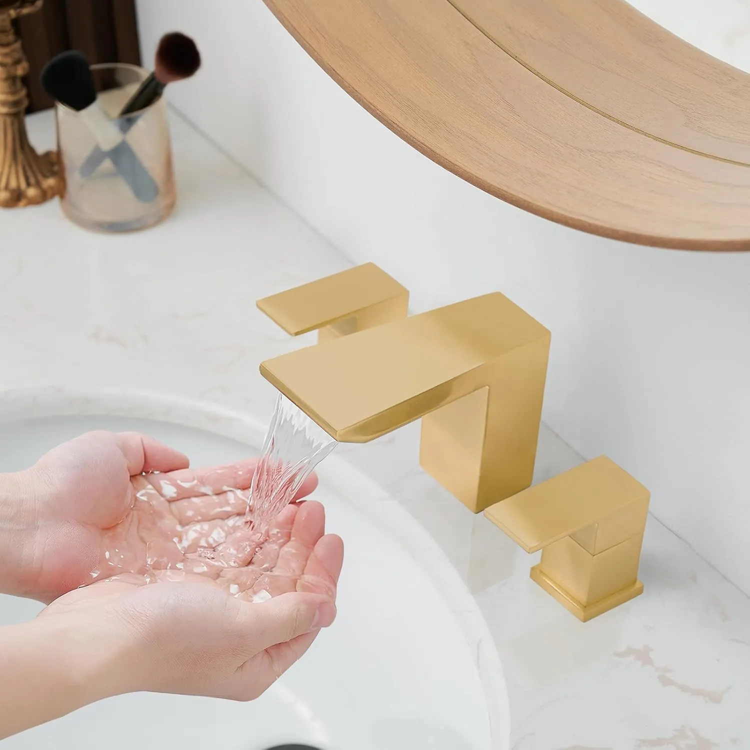 BESy Bathroom Faucet 3 Holes Two Handles Vanity Sink Faucet Widespread 8 Inch Bathroom Sink Faucet, Waterfall Bathroom Sink Faucet with Supply Hoses, with Pop Up Drain, Brushed Gold
