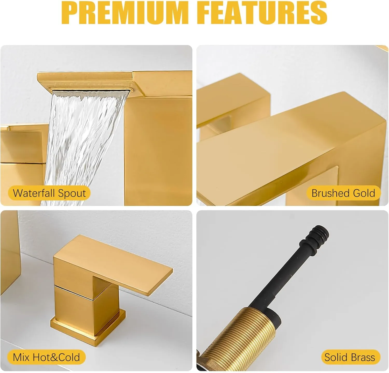 BESy Bathroom Faucet 3 Holes Two Handles Vanity Sink Faucet Widespread 8 Inch Bathroom Sink Faucet, Waterfall Bathroom Sink Faucet with Supply Hoses, with Pop Up Drain, Brushed Gold