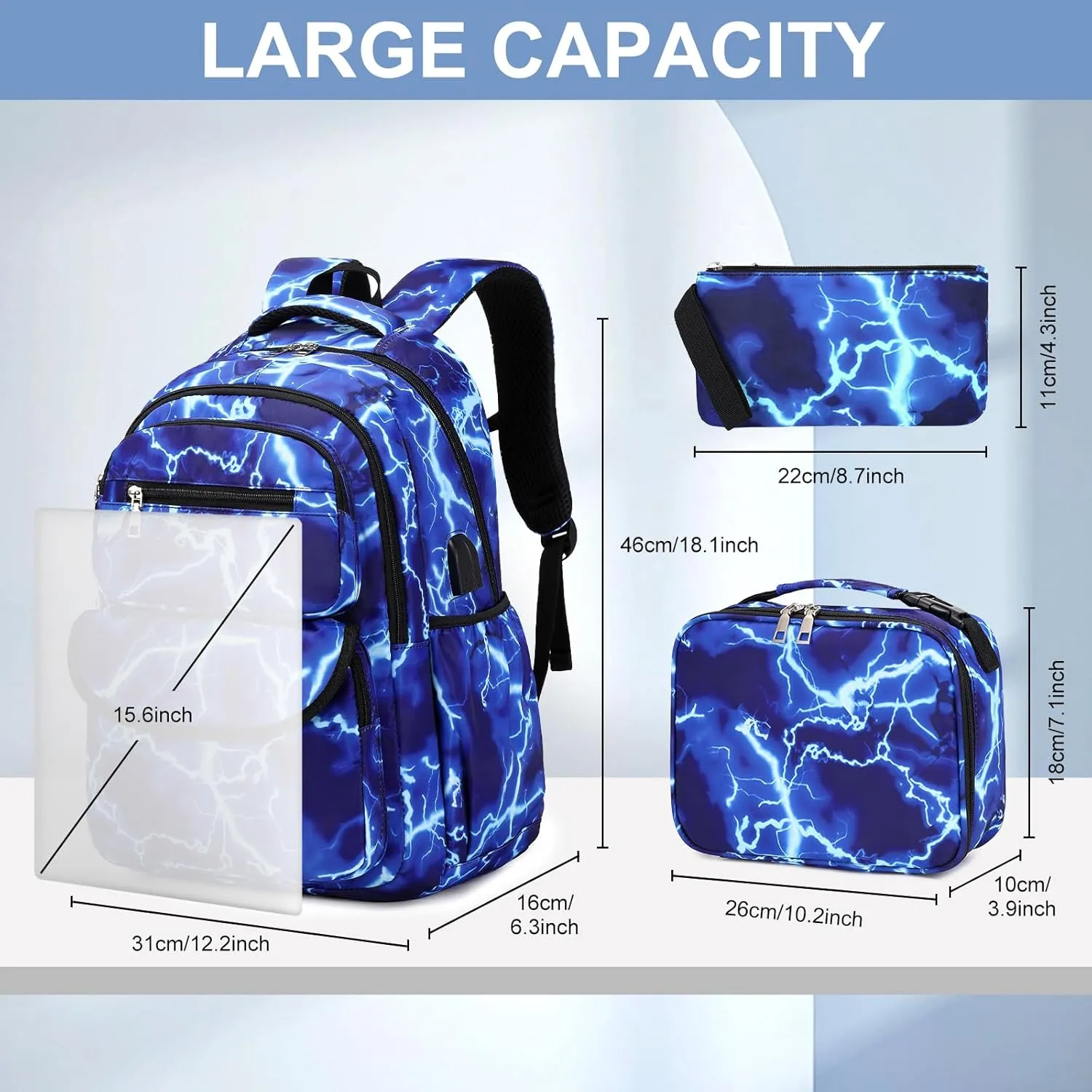 Bevalsa Backpack for Boys, Lightining School Bags for Kids, Bookbag for Boys Girls Teens