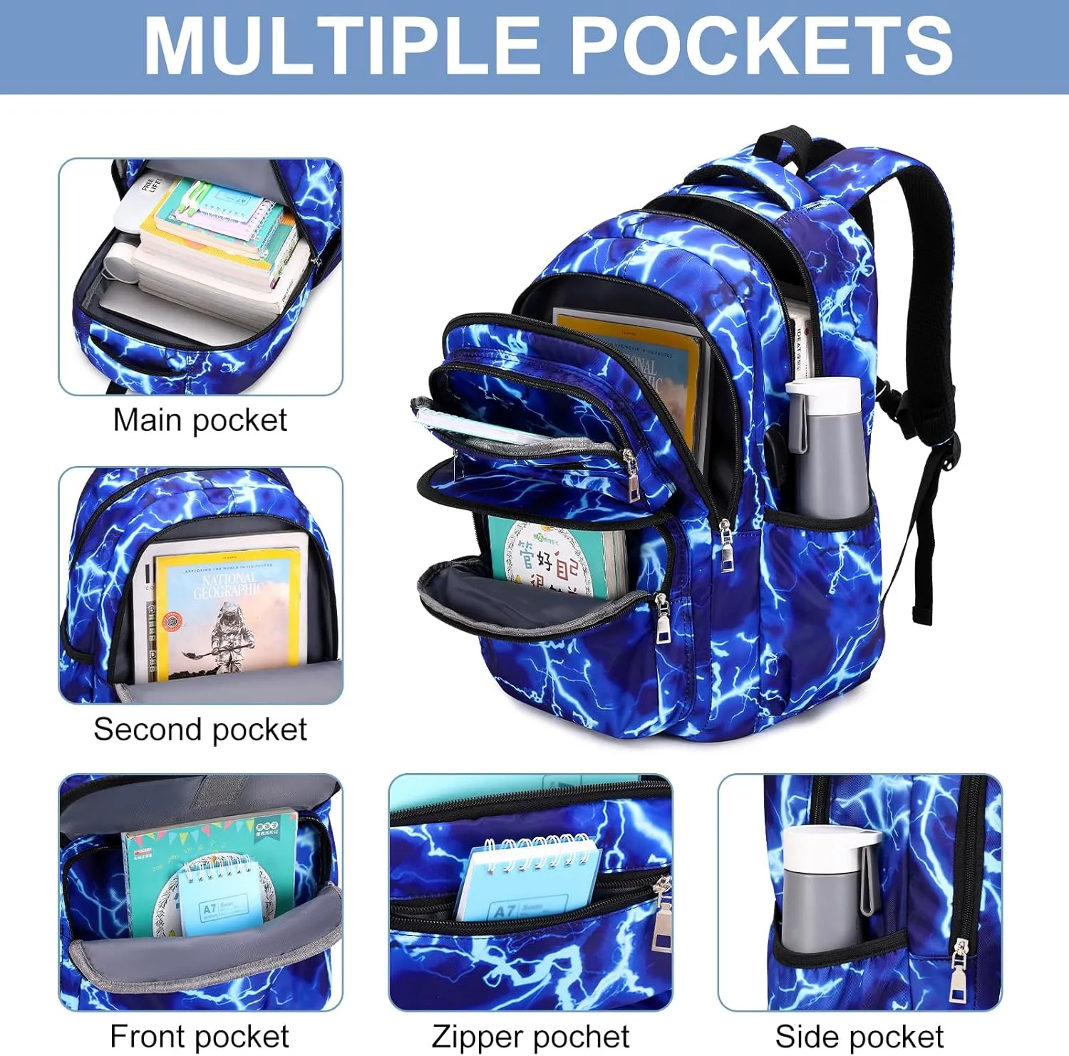 Bevalsa Backpack for Boys, Lightining School Bags for Kids, Bookbag for Boys Girls Teens