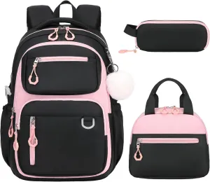 Bevalsa Backpack for Gilrs, School Bags for Kids with Lunch Bag & Pen Case, Bookbag for Girls Children Teens for Elementary Middle High school College Student with Cute Pins (Black Pink)