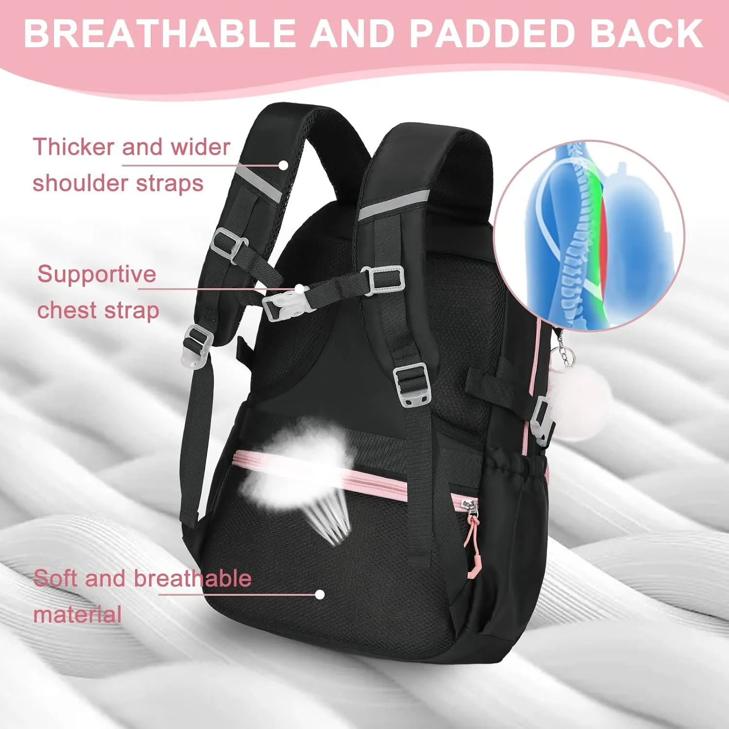 Bevalsa Backpack for Gilrs, School Bags for Kids with Lunch Bag & Pen Case, Bookbag for Girls Children Teens for Elementary Middle High school College Student with Cute Pins (Black Pink)
