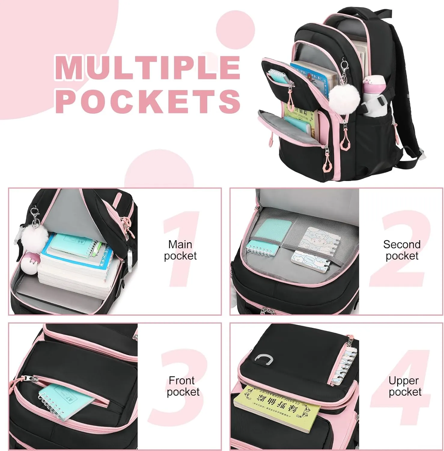 Bevalsa Backpack for Gilrs, School Bags for Kids with Lunch Bag & Pen Case, Bookbag for Girls Children Teens for Elementary Middle High school College Student with Cute Pins (Black Pink)