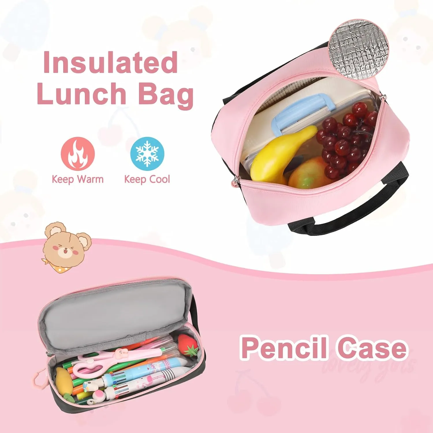 Bevalsa Backpack for Gilrs, School Bags for Kids with Lunch Bag & Pen Case, Bookbag for Girls Children Teens for Elementary Middle High school College Student with Cute Pins (Black Pink)