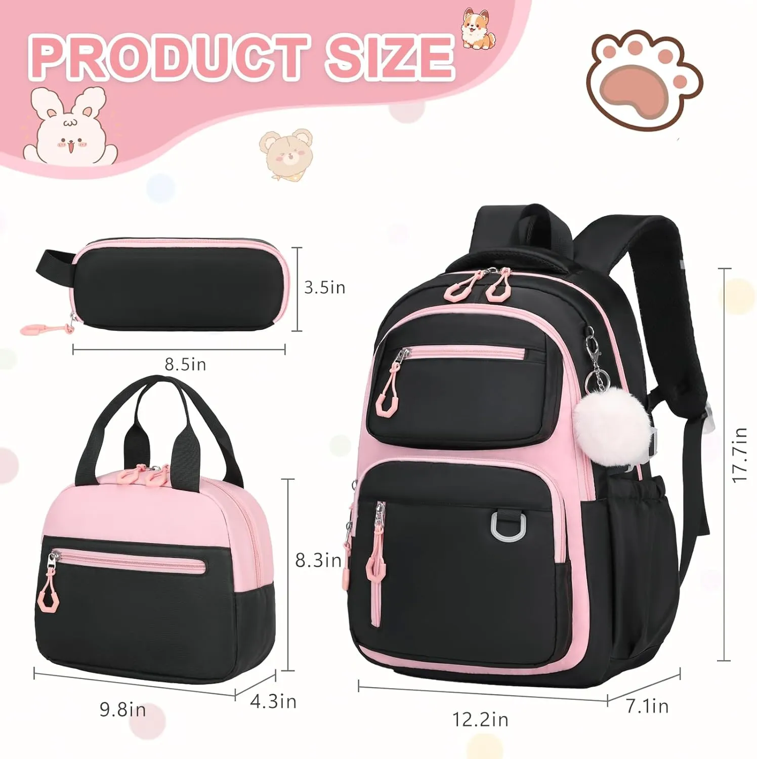 Bevalsa Backpack for Gilrs, School Bags for Kids with Lunch Bag & Pen Case, Bookbag for Girls Children Teens for Elementary Middle High school College Student with Cute Pins (Black Pink)