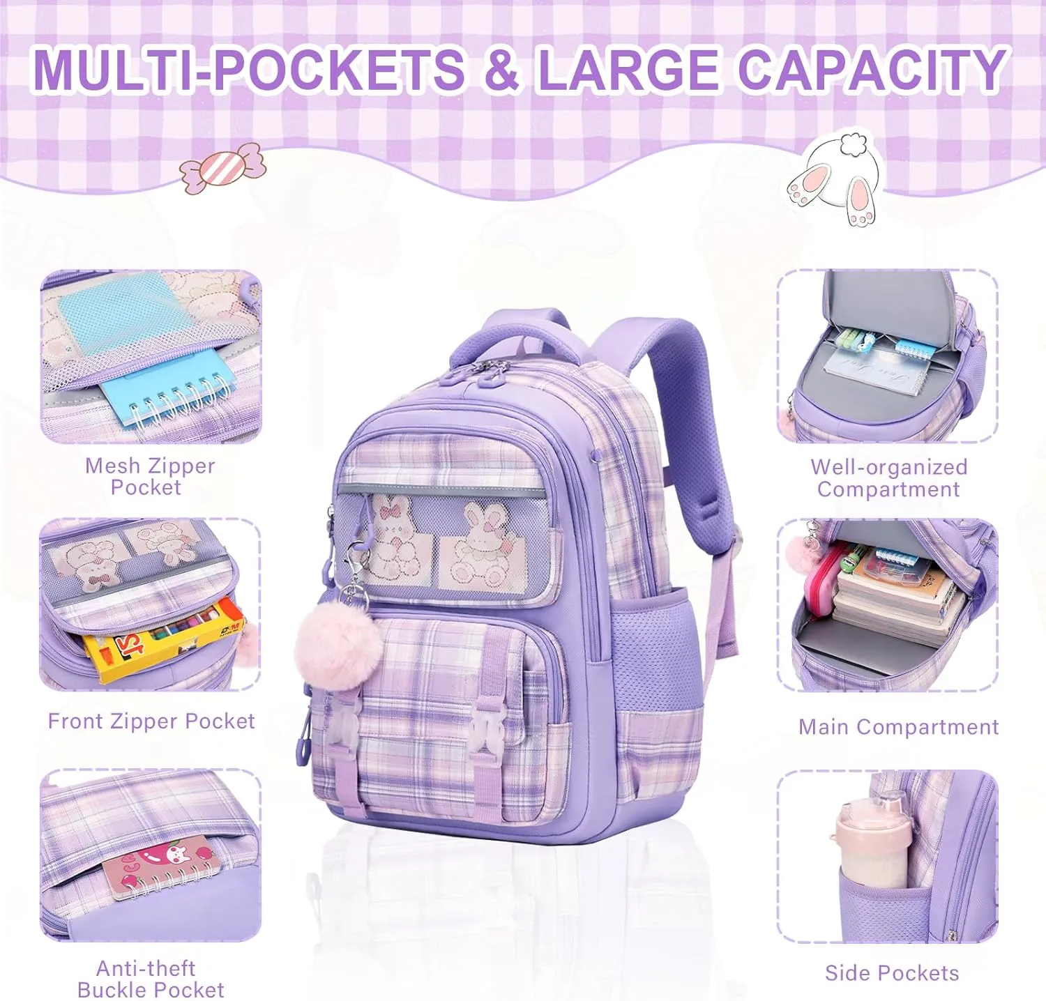 Bevalsa School Backpack for Girls With Lunch Box, Cute Bookbag for Kids Teens Elementary Middle High School College Student, Casual Travel Daypack Children Schoolbag (Purple)