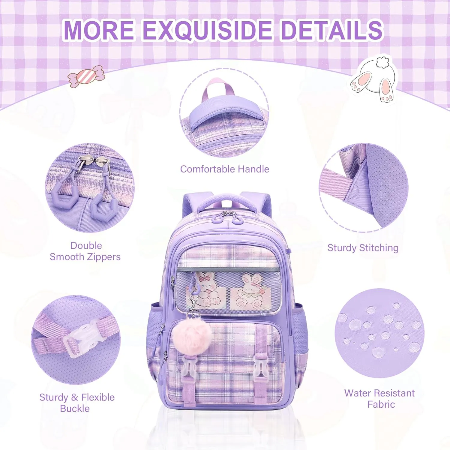 Bevalsa School Backpack for Girls With Lunch Box, Cute Bookbag for Kids Teens Elementary Middle High School College Student, Casual Travel Daypack Children Schoolbag (Purple)
