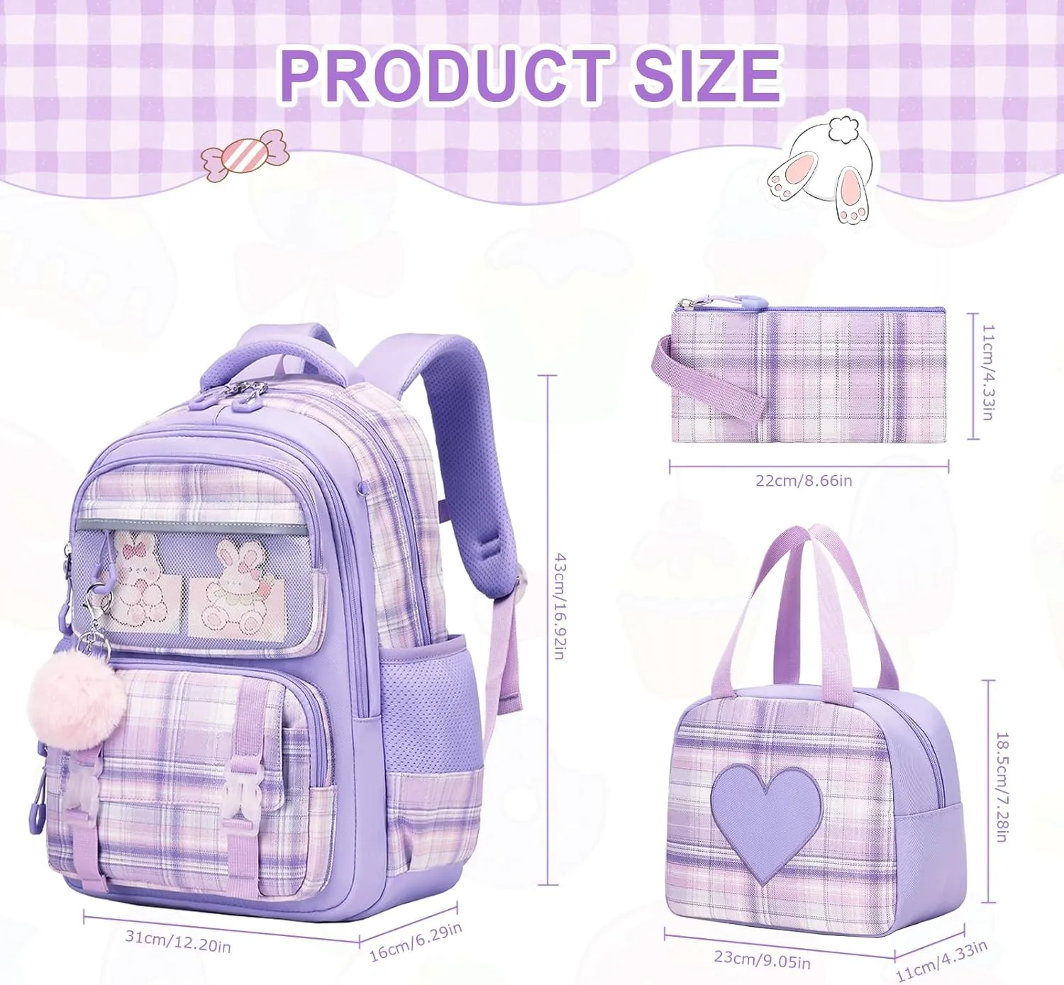 Bevalsa School Backpack for Girls With Lunch Box, Cute Bookbag for Kids Teens Elementary Middle High School College Student, Casual Travel Daypack Children Schoolbag (Purple)