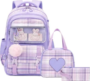 Bevalsa School Backpack for Girls With Lunch Box, Cute Bookbag for Kids Teens Elementary Middle High School College Student, Casual Travel Daypack Children Schoolbag (Purple)