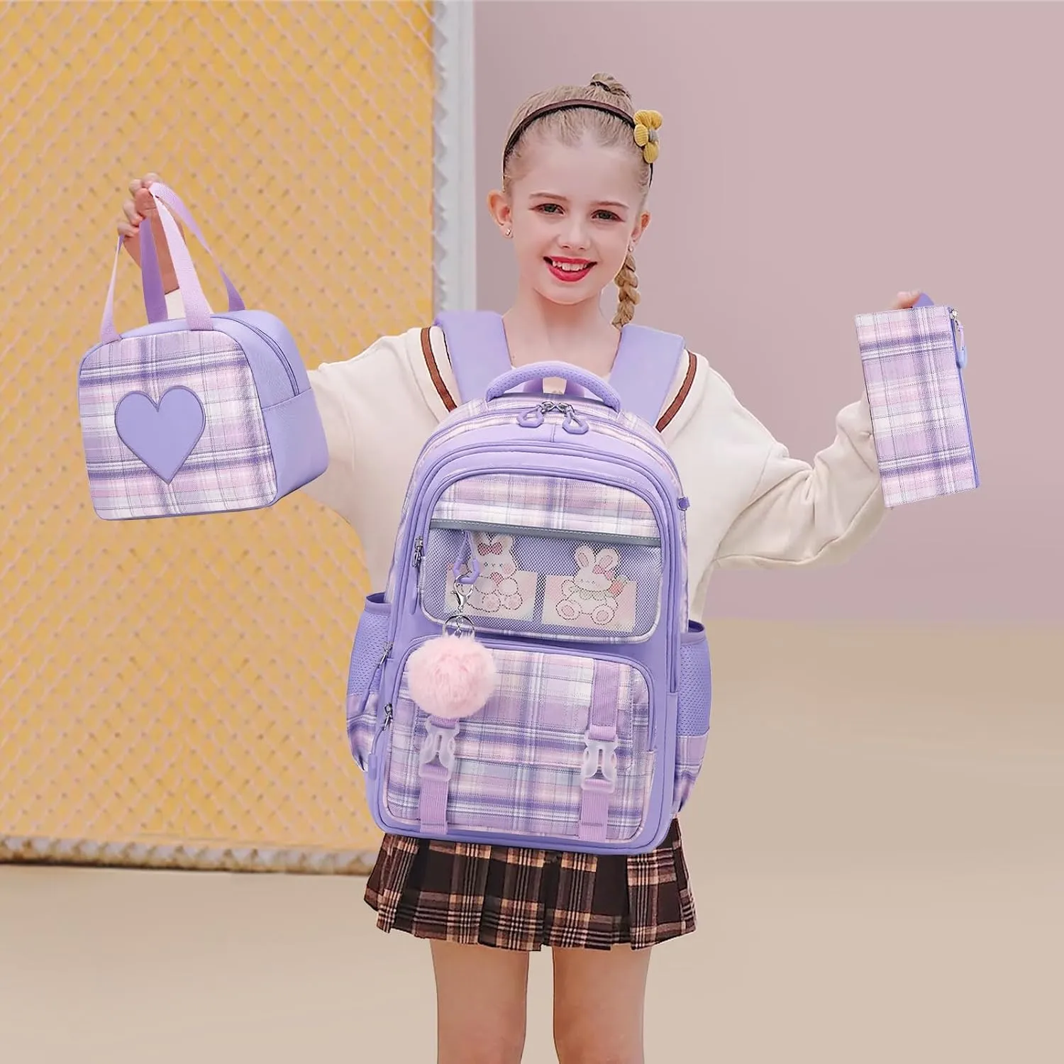 Bevalsa School Backpack for Girls With Lunch Box, Cute Bookbag for Kids Teens Elementary Middle High School College Student, Casual Travel Daypack Children Schoolbag (Purple)
