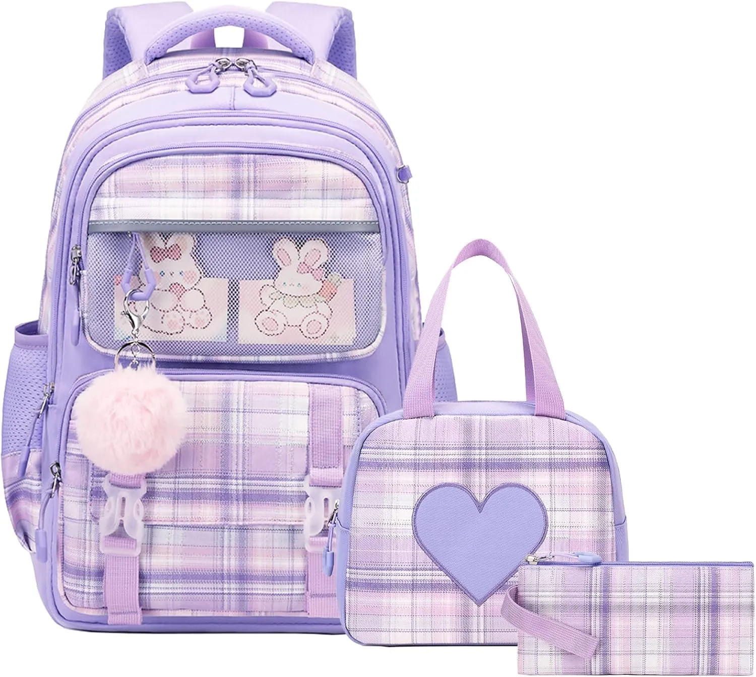 Bevalsa School Backpack for Girls With Lunch Box, Cute Bookbag for Kids Teens Elementary Middle High School College Student, Casual Travel Daypack Children Schoolbag (Purple)