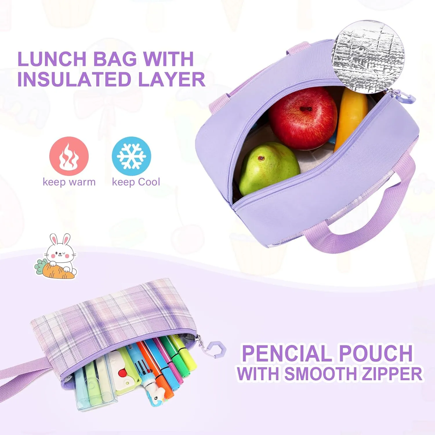 Bevalsa School Backpack for Girls With Lunch Box, Cute Bookbag for Kids Teens Elementary Middle High School College Student, Casual Travel Daypack Children Schoolbag (Purple)