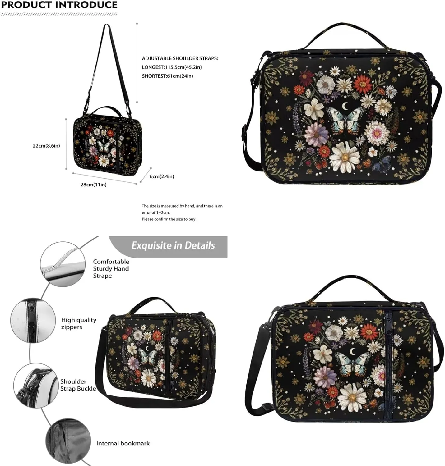 Bible Bags and Totes for Women With Pockets and Handle Girls Casual Lightweight Floral Butterfly Graphic Bible Cover Church Bag for Worship School Travel Outdoor,Black