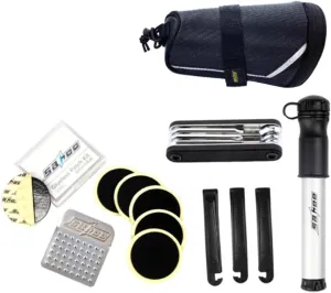 Bike Repair Tool Set with Saddle Bag Mini Pump Tire Inflator Patch Crowbar Chain Splitter Essential Maintenance Tools for Outdoor Cycling Home Use Camping