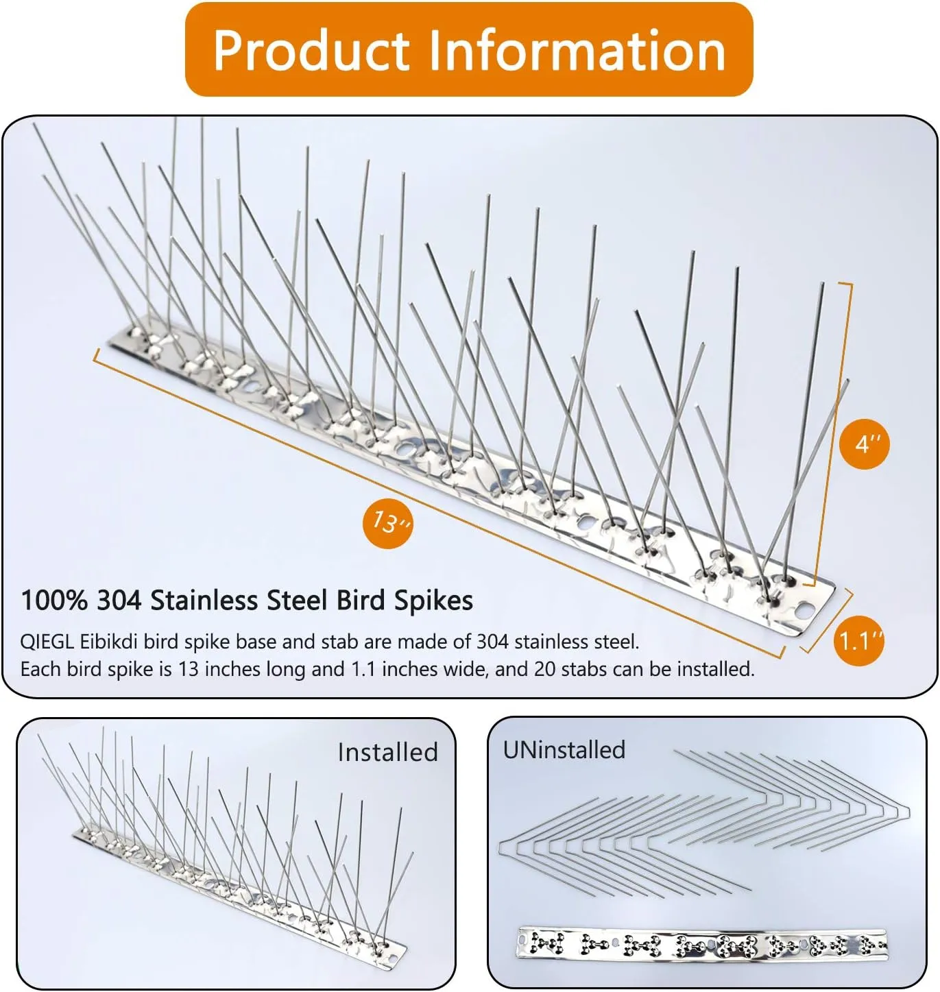 Bird Spikes for Pigeons 304 Stainless Steel Small Birds Anti Bird Spike Metal Bird Deterrent Spikes Fence Spikes Cover 25 Feet (23 Pack Uninstalled)