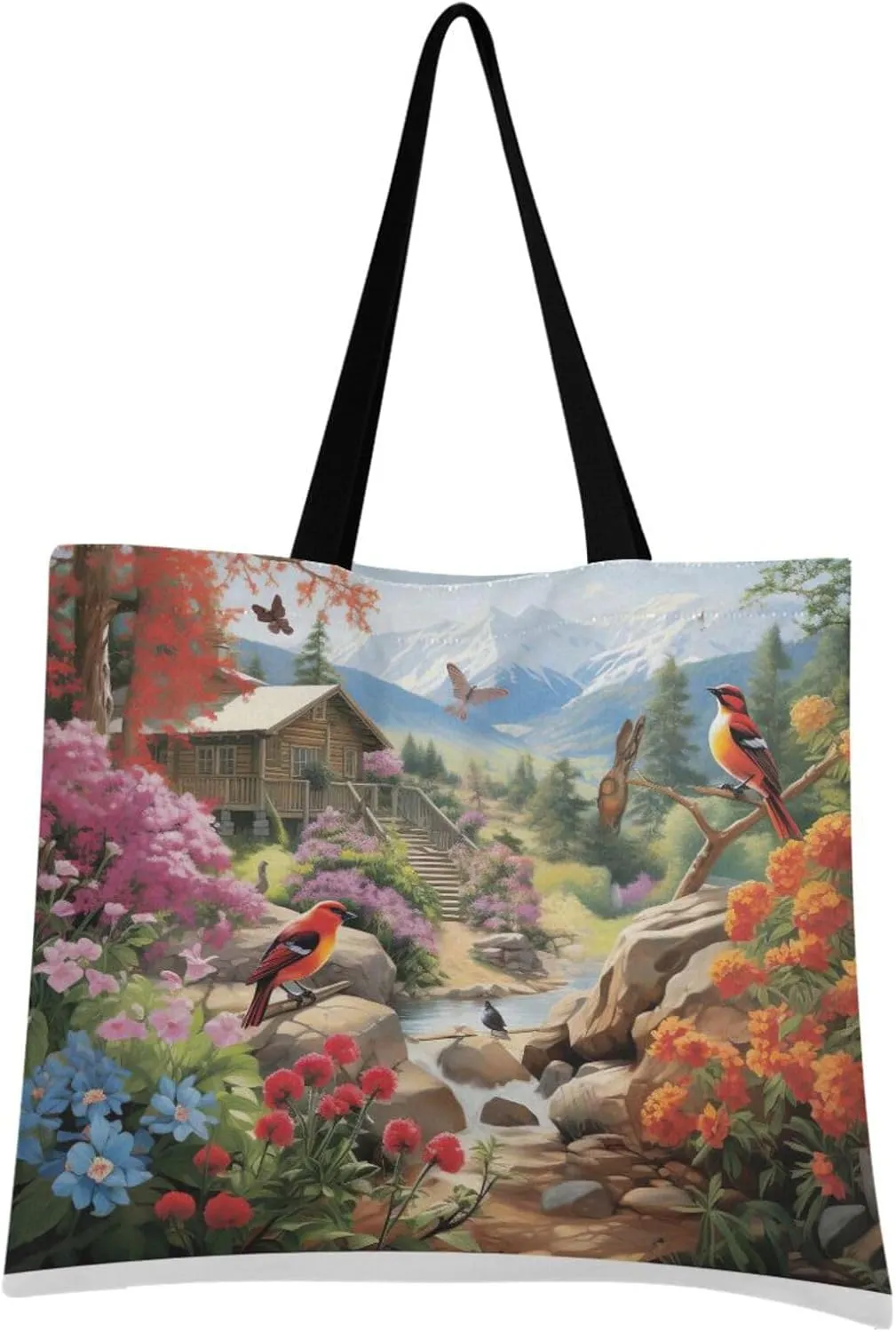 Birds Flower Log Cabin Tote Bag for Women Canvas Shoulder Handbags Reusable Grocery Bags Large Purse with Inner Pocket 214a6930