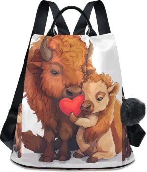 Bison Cows Holding Heart Backpack for Women Anti Theft Large Fashion Travel Shoulder Bag Purse Rucksack Lightweight