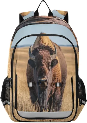Bison Grassland Backpack for Boys Girls Elementary School Bag Kids Bookbag Travel Rucksack With Reflective Stripes