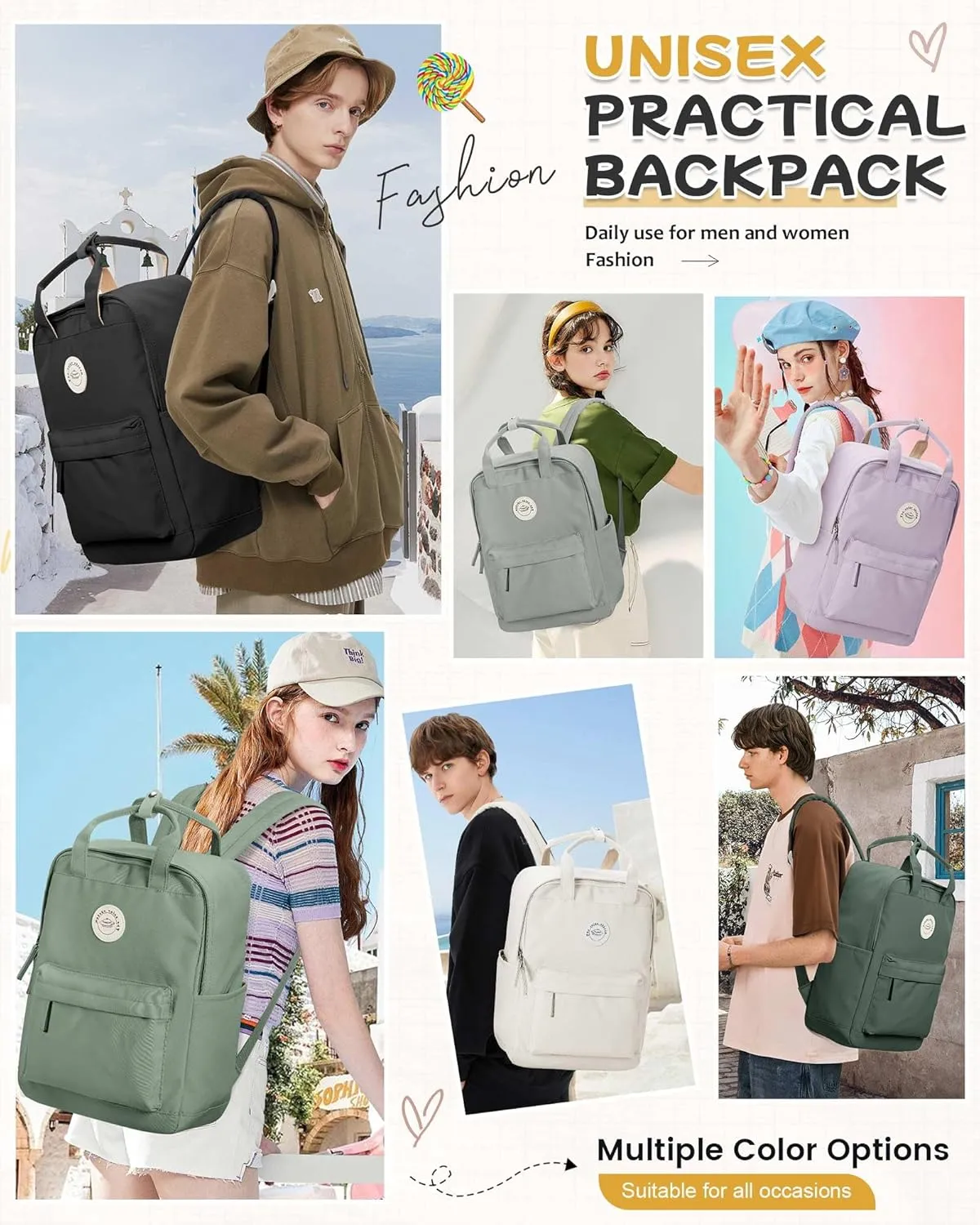 BJLFS Large White School Backpack for Girls Boys,Waterproof Bookbag for Women Men, College Student School Bag, Lightweight Travel Rucksack Casual Daypack,Laptop Backpacks