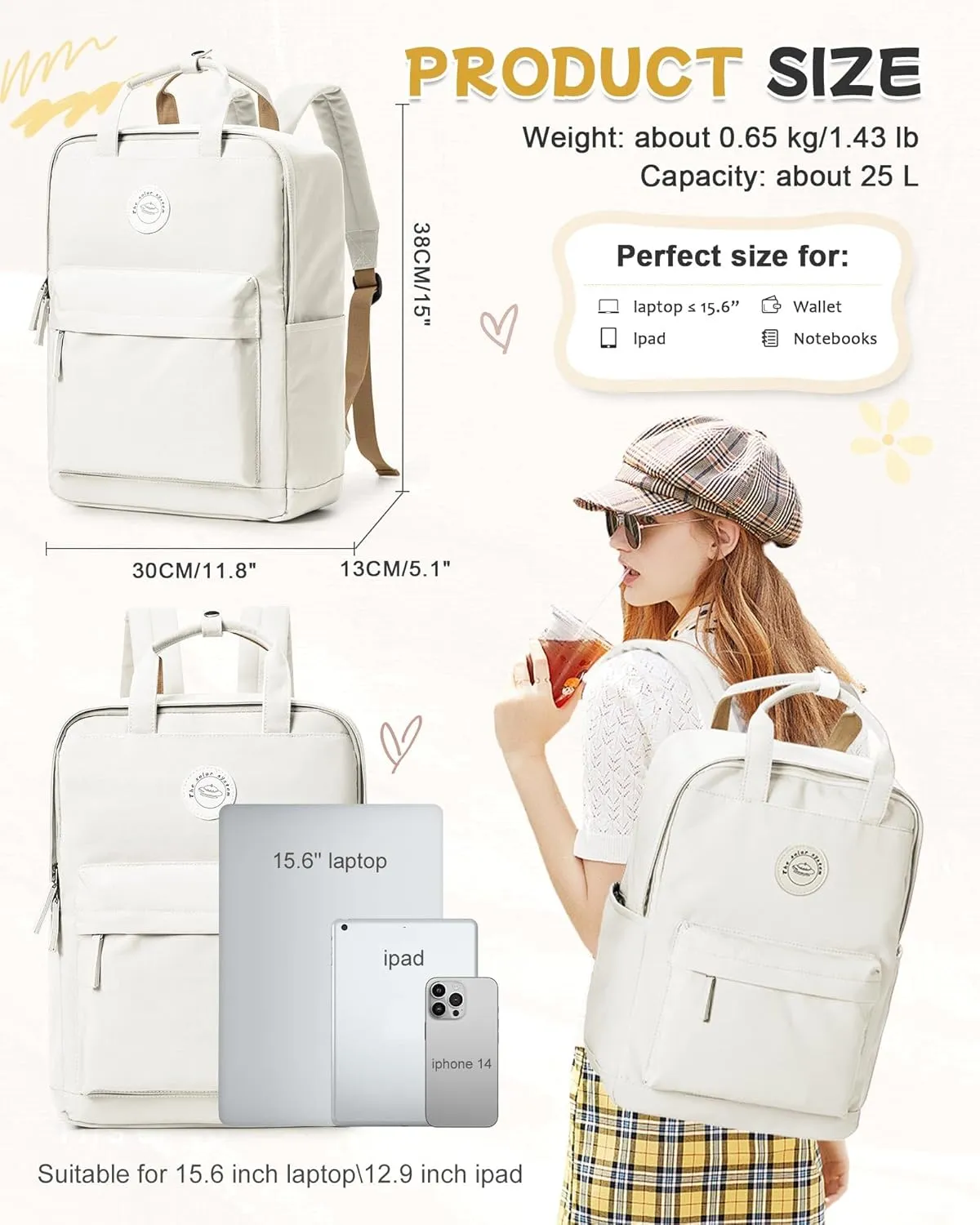 BJLFS Large White School Backpack for Girls Boys,Waterproof Bookbag for Women Men, College Student School Bag, Lightweight Travel Rucksack Casual Daypack,Laptop Backpacks