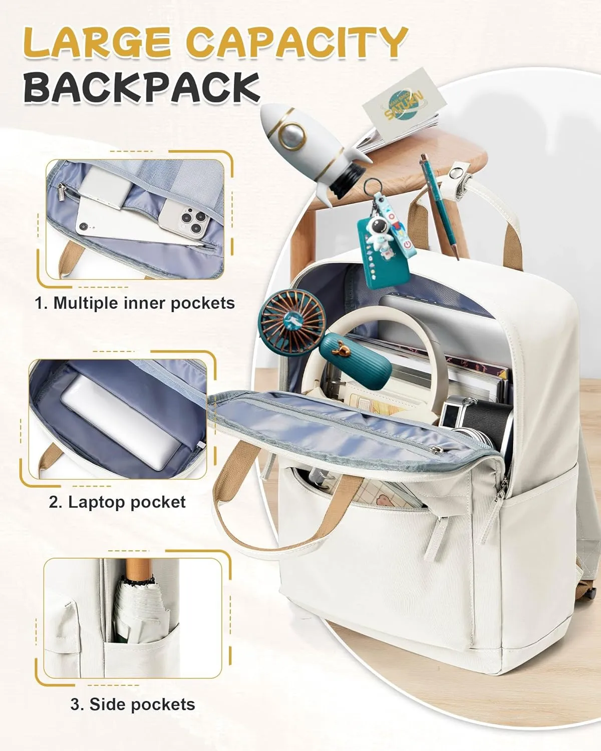 BJLFS Large White School Backpack for Girls Boys,Waterproof Bookbag for Women Men, College Student School Bag, Lightweight Travel Rucksack Casual Daypack,Laptop Backpacks