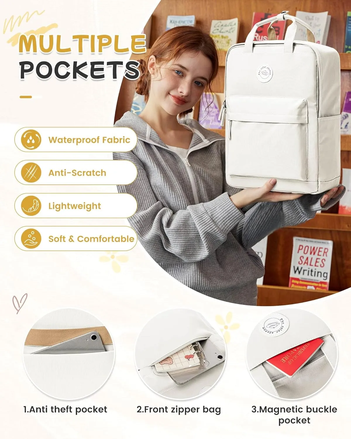 BJLFS Large White School Backpack for Girls Boys,Waterproof Bookbag for Women Men, College Student School Bag, Lightweight Travel Rucksack Casual Daypack,Laptop Backpacks