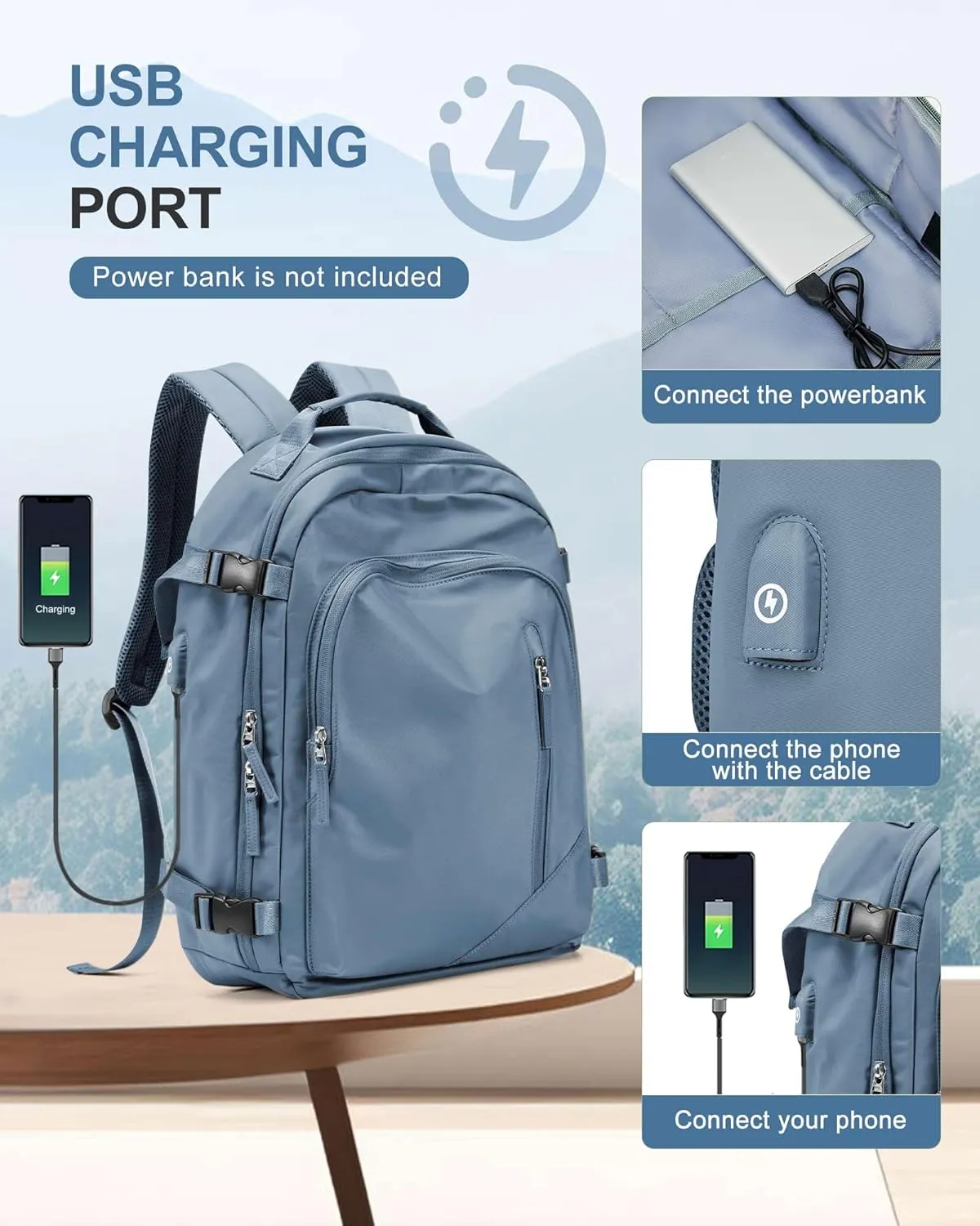 BJLFS Travel Backpack for Women Men, Carry on Backpack Flight Approved Item Bag,Casual Daypacks Cabin Bagage,Hiking Backpack Lightweight Rucksack, Business Laptop Backpack with USB Charger Blue Large