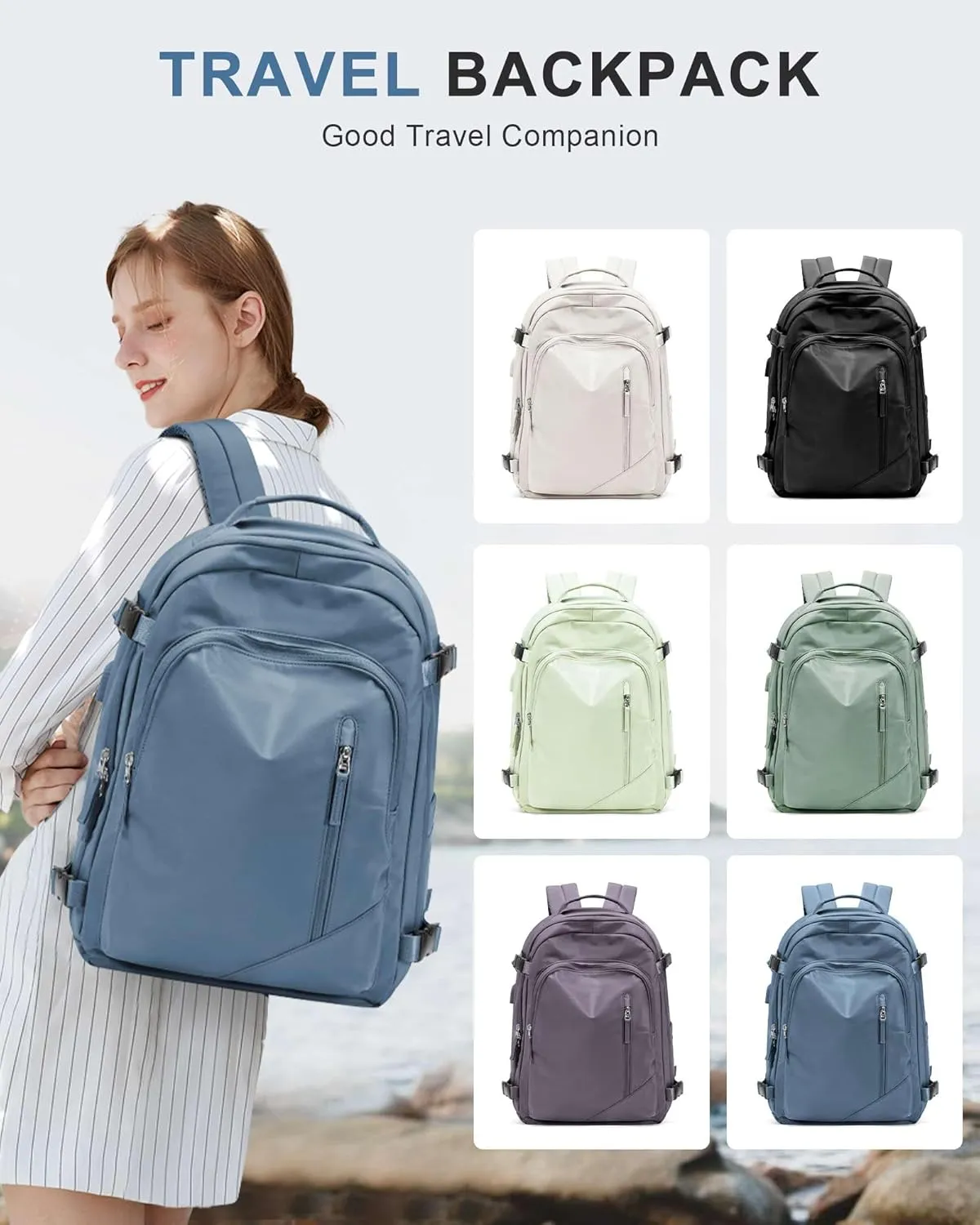 BJLFS Travel Backpack for Women Men, Carry on Backpack Flight Approved Item Bag,Casual Daypacks Cabin Bagage,Hiking Backpack Lightweight Rucksack, Business Laptop Backpack with USB Charger Blue Large
