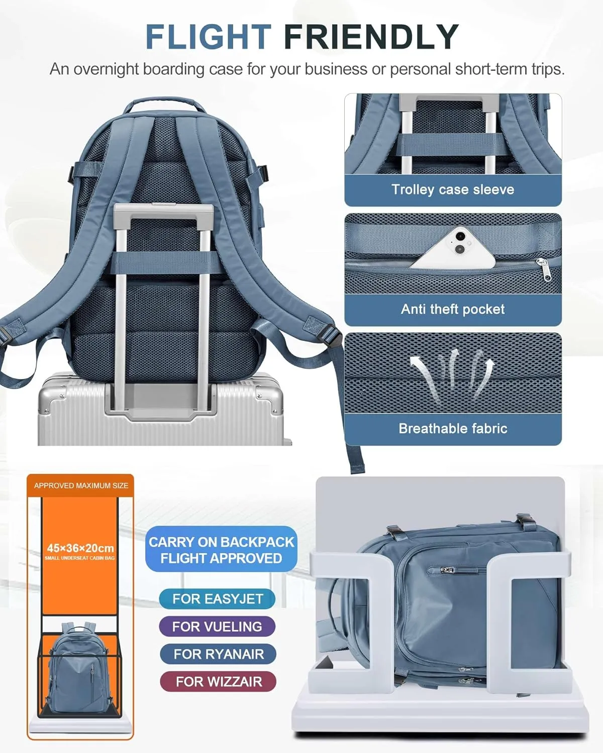 BJLFS Travel Backpack for Women Men, Carry on Backpack Flight Approved Item Bag,Casual Daypacks Cabin Bagage,Hiking Backpack Lightweight Rucksack, Business Laptop Backpack with USB Charger Blue Large
