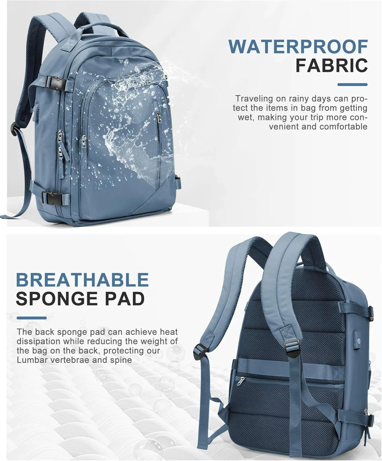 BJLFS Travel Backpack for Women Men, Carry on Backpack Flight Approved Item Bag,Casual Daypacks Cabin Bagage,Hiking Backpack Lightweight Rucksack, Business Laptop Backpack with USB Charger Blue Large