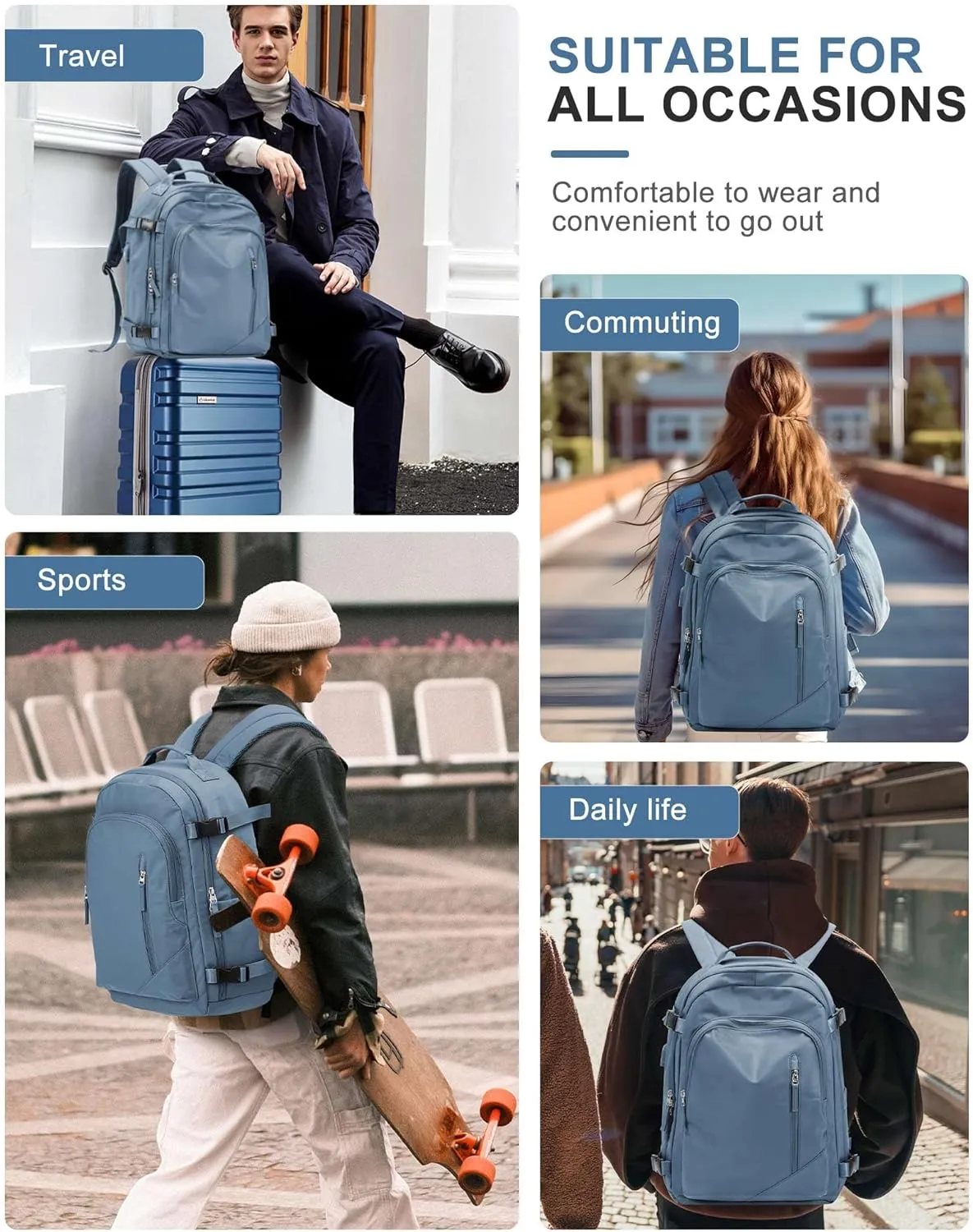 BJLFS Travel Backpack for Women Men, Carry on Backpack Flight Approved Item Bag,Casual Daypacks Cabin Bagage,Hiking Backpack Lightweight Rucksack, Business Laptop Backpack with USB Charger Blue Large