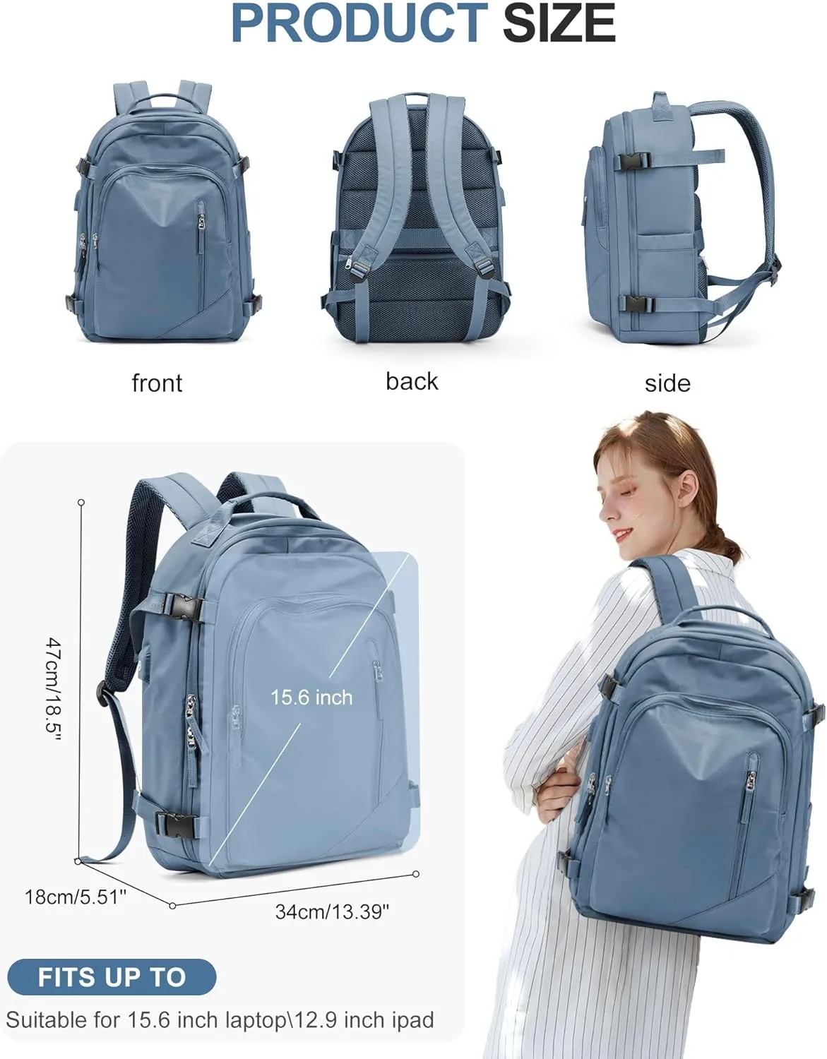 BJLFS Travel Backpack for Women Men, Carry on Backpack Flight Approved Item Bag,Casual Daypacks Cabin Bagage,Hiking Backpack Lightweight Rucksack, Business Laptop Backpack with USB Charger Blue Large