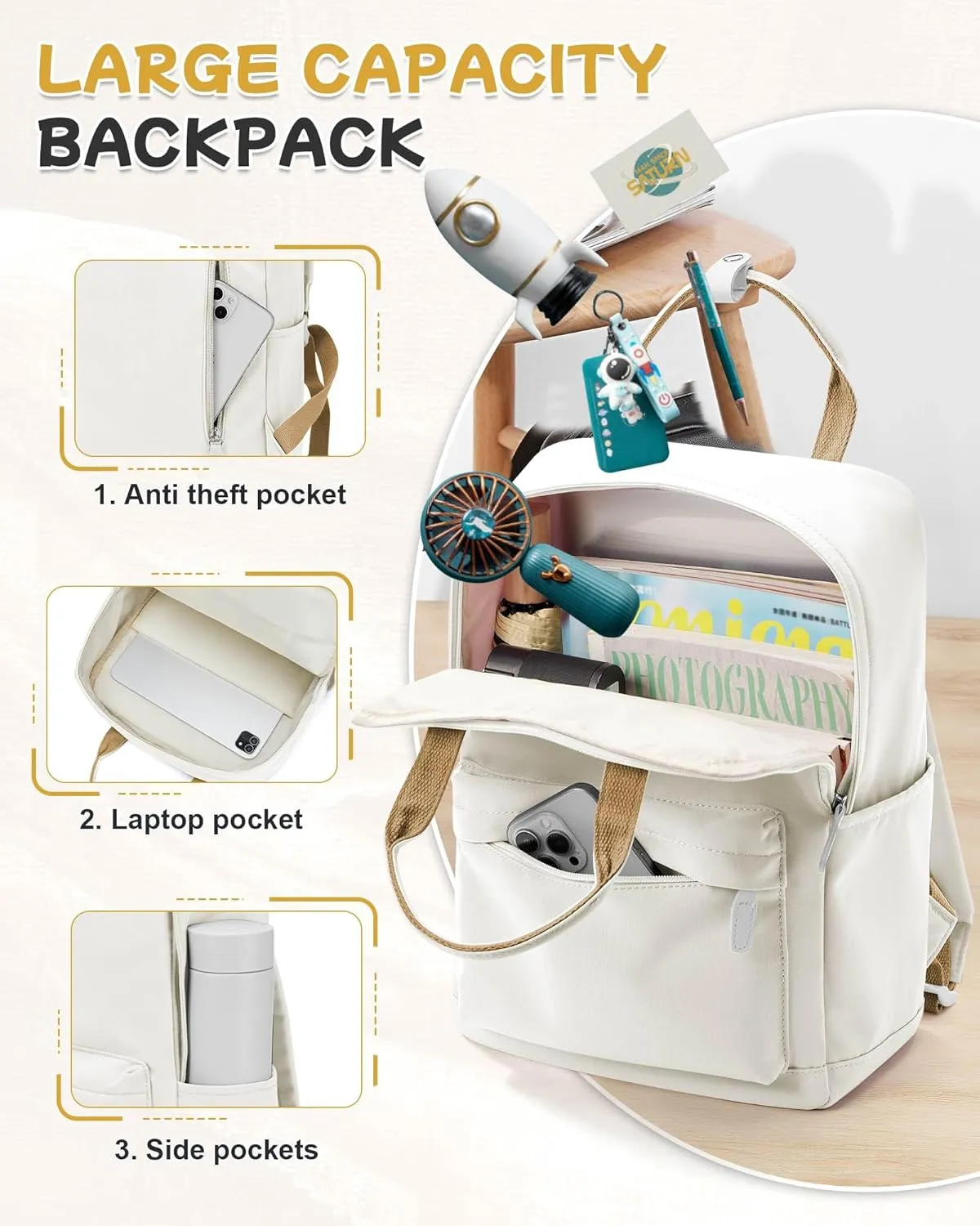 BJLFS White School Backpack for Girls Boys,Waterproof Bookbag for Women Men, College Student School Bag, Lightweight Travel Rucksack Casual Daypack,Laptop Backpacks