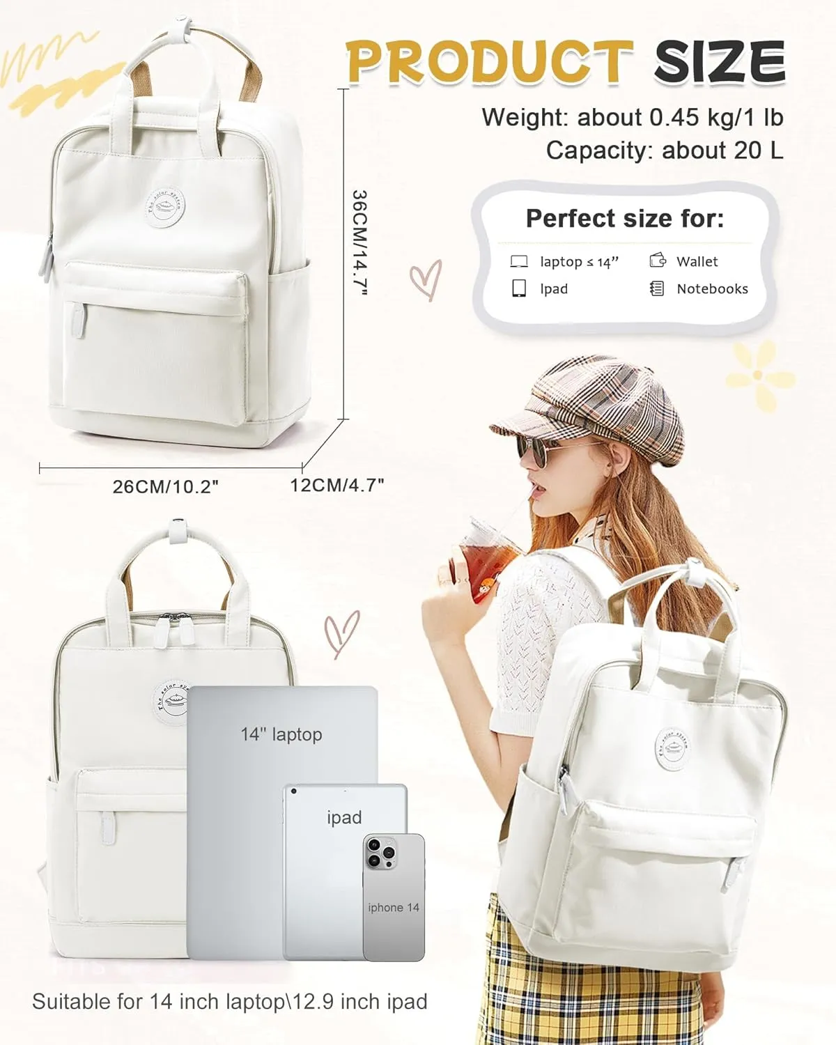BJLFS White School Backpack for Girls Boys,Waterproof Bookbag for Women Men, College Student School Bag, Lightweight Travel Rucksack Casual Daypack,Laptop Backpacks