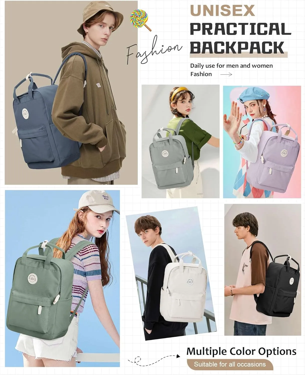 BJLFS White School Backpack for Girls Boys,Waterproof Bookbag for Women Men, College Student School Bag, Lightweight Travel Rucksack Casual Daypack,Laptop Backpacks