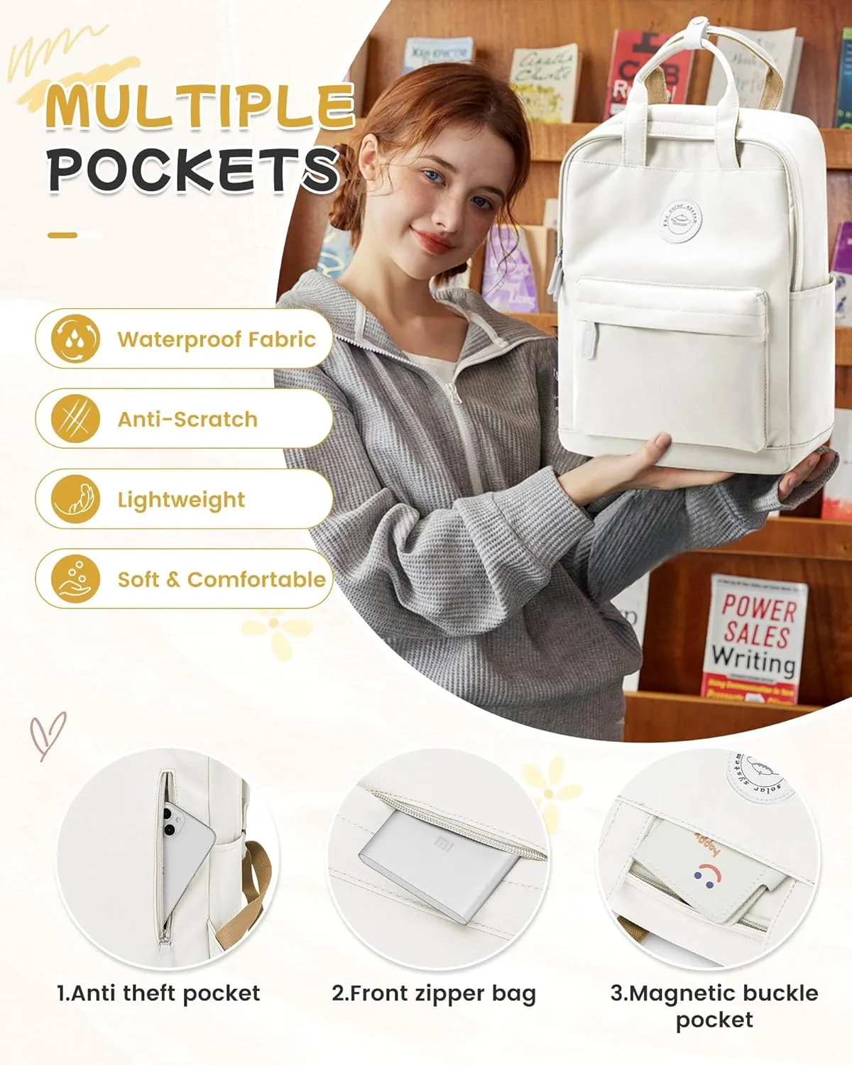 BJLFS White School Backpack for Girls Boys,Waterproof Bookbag for Women Men, College Student School Bag, Lightweight Travel Rucksack Casual Daypack,Laptop Backpacks
