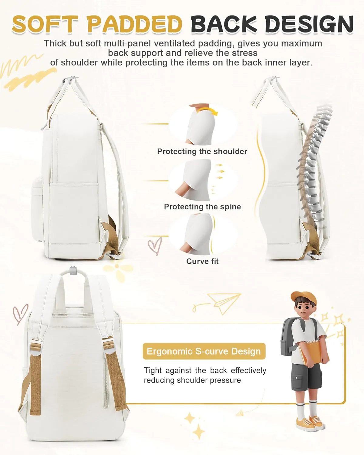 BJLFS White School Backpack for Girls Boys,Waterproof Bookbag for Women Men, College Student School Bag, Lightweight Travel Rucksack Casual Daypack,Laptop Backpacks